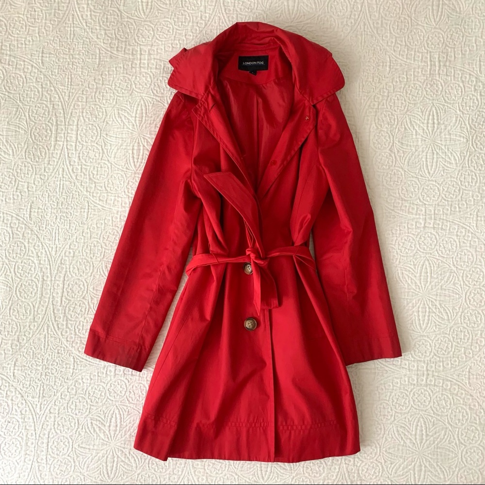 Vintage Red London Fog Coat/Raincoat with Hood - Size L